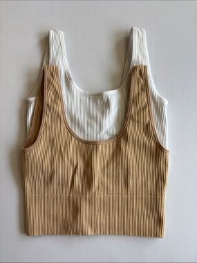 Ribbed Scoop Neck Tank Top - Tan & Cream